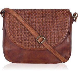 Genuine Leather Tan Weaving Crossbody Purse Women Adjustable Strap Zipper Pocket